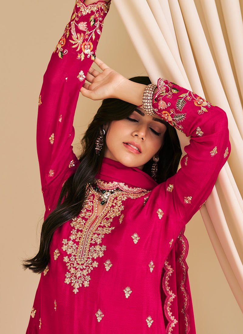 Chinnon Pink Wedding Wear Embroidery Work Readymade Plazzo Suit 385411