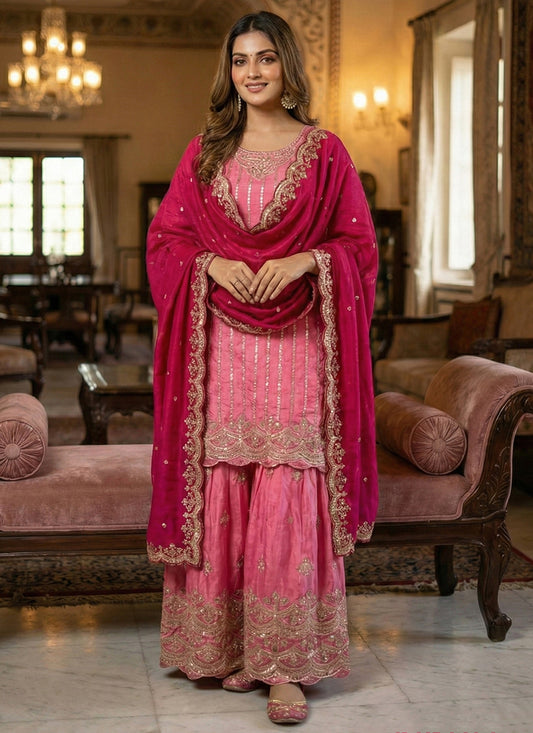 Pink Chinon Embroidery Work Eid Wear Readymade Plazzo Suit SW555874