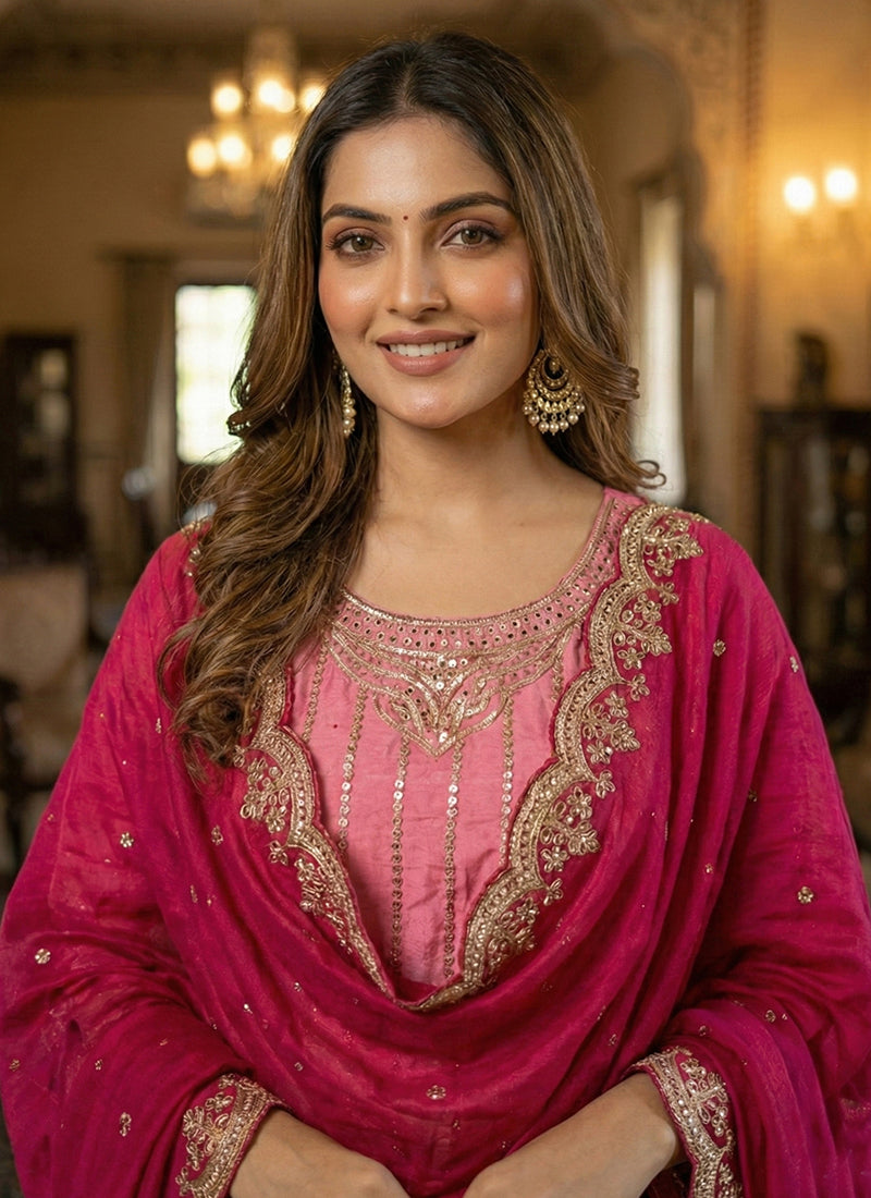 Pink Chinon Embroidery Work Eid Wear Readymade Plazzo Suit SW555874