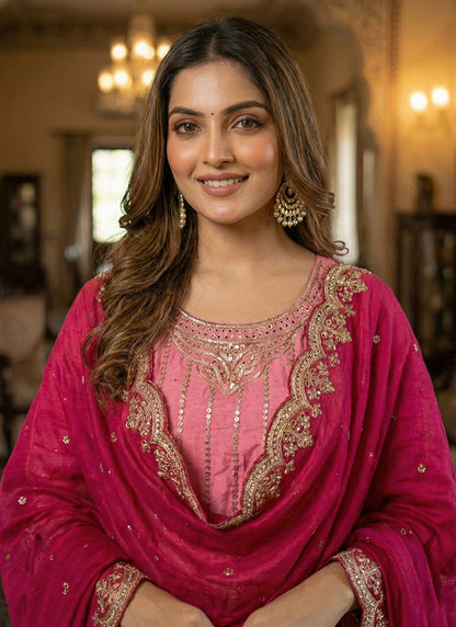 Pink Chinon Embroidery Work Eid Wear Readymade Plazzo Suit SW555874