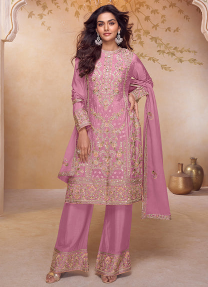 Pink Chinon Embroidery Work Festival Wear Readymade Plazzo Suit SW891415