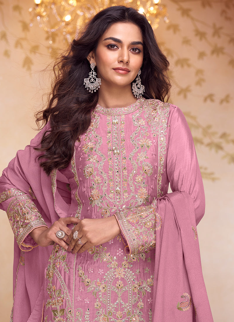 Pink Chinon Embroidery Work Festival Wear Readymade Plazzo Suit SW891415