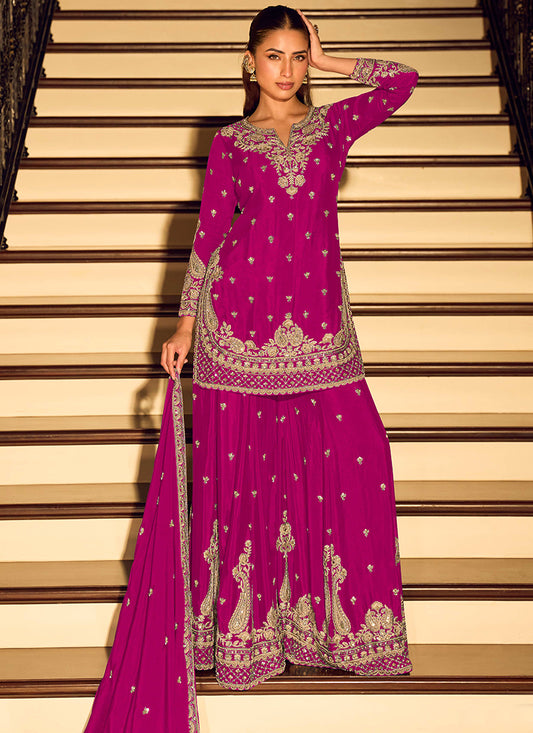 Pink Chinon Embroidery Work Occasional Wear Readymade Plazzo Suit SW823589