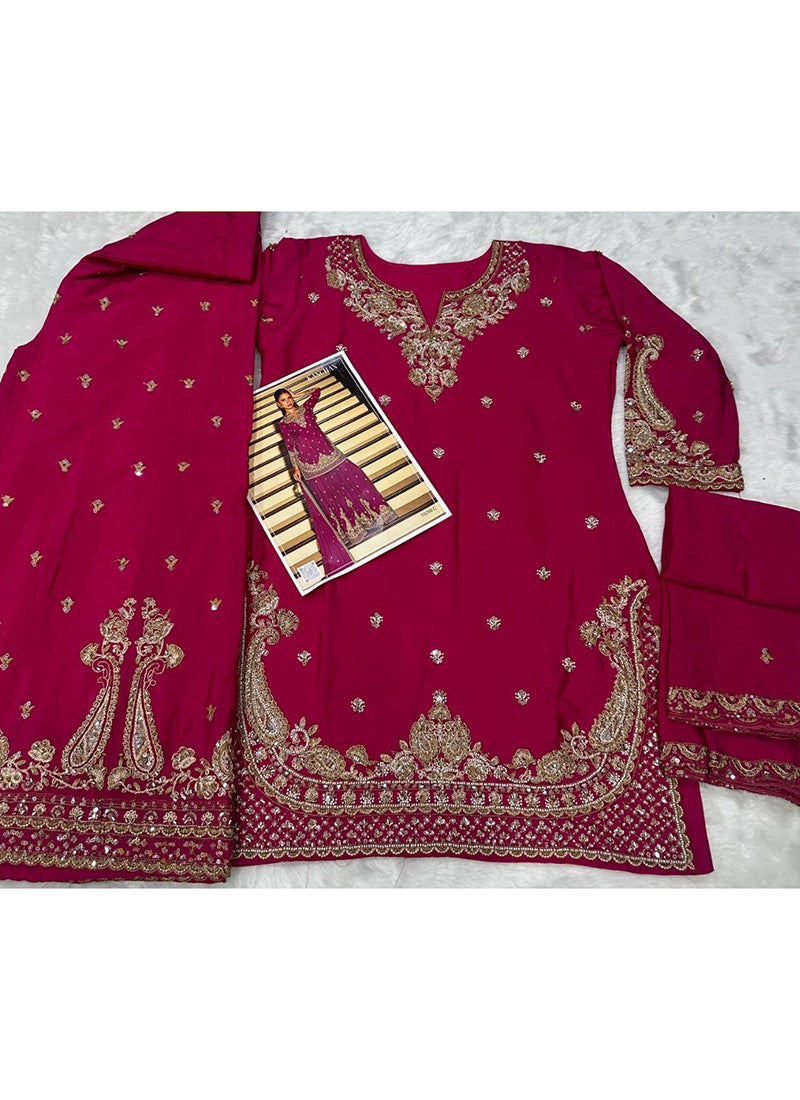 Pink Chinon Embroidery Work Occasional Wear Readymade Plazzo Suit SW823589