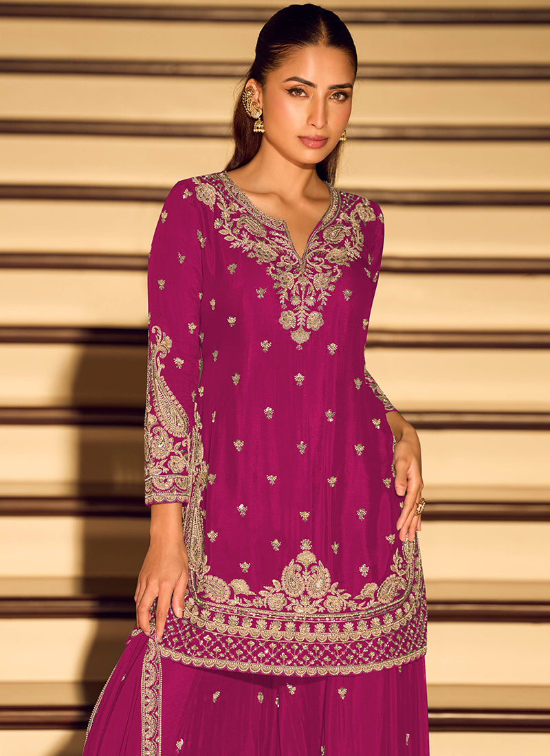 Pink Chinon Embroidery Work Occasional Wear Readymade Plazzo Suit SW823589