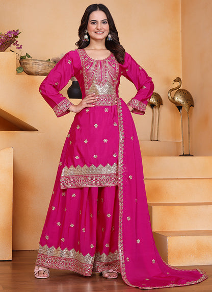 Chinon Pink Party Wear Sequin Embroidery Work Readymade Plazzo Suit 388608