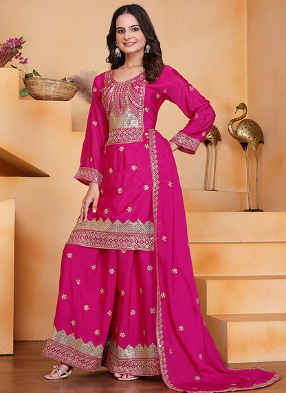 Chinon Pink Party Wear Sequin Embroidery Work Readymade Plazzo Suit 388608
