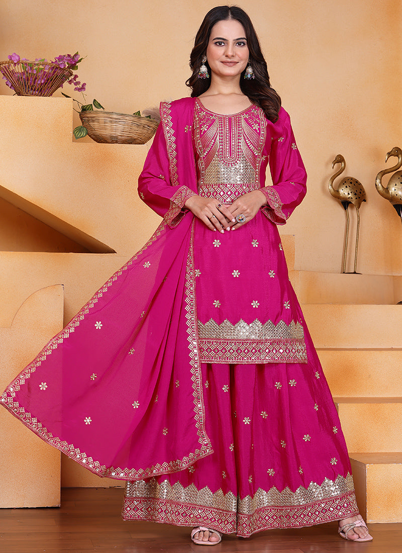 Chinon Pink Party Wear Sequin Embroidery Work Readymade Plazzo Suit 388608