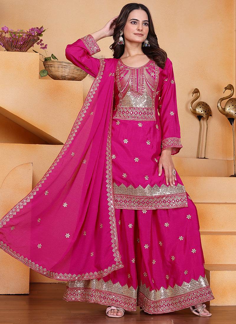 Chinon Pink Party Wear Sequin Embroidery Work Readymade Plazzo Suit 388608