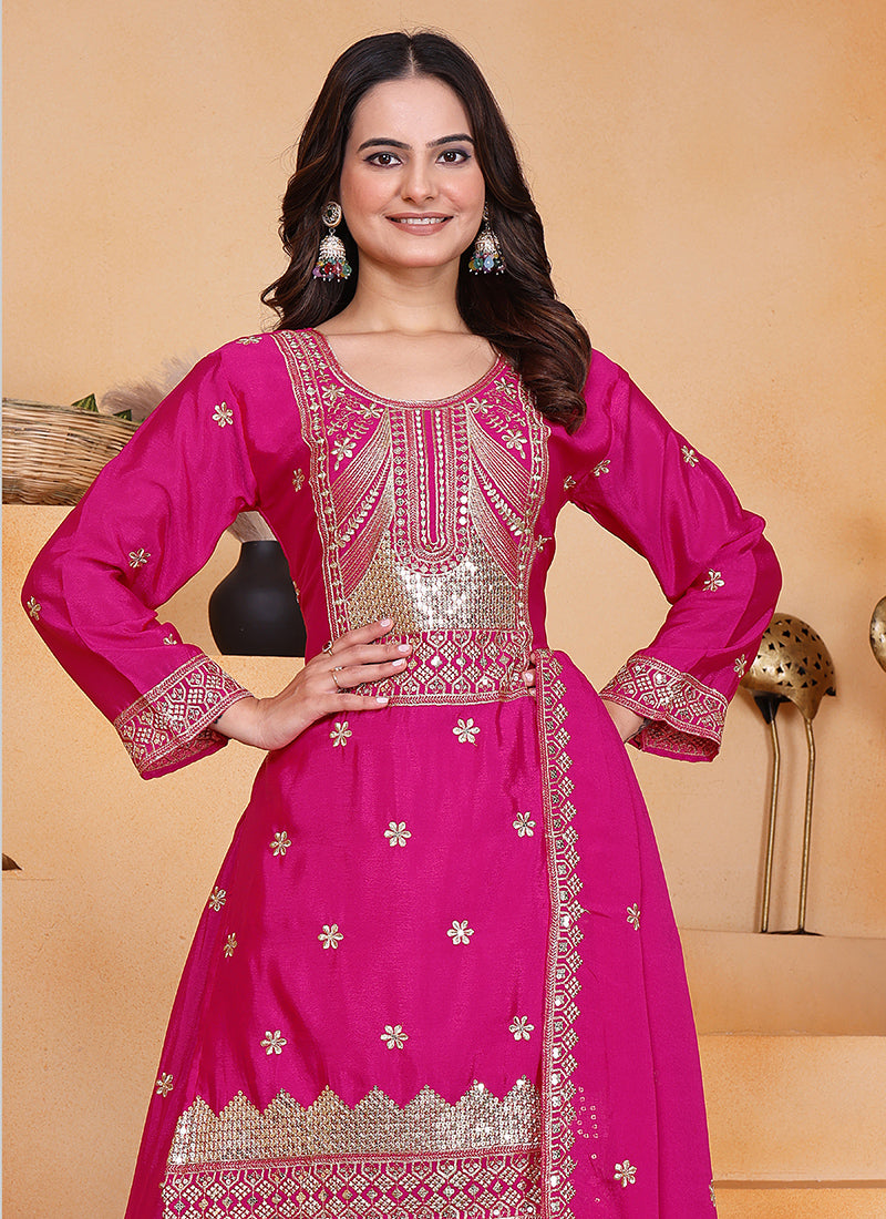 Chinon Pink Party Wear Sequin Embroidery Work Readymade Plazzo Suit 388608