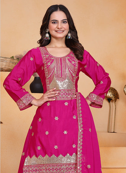 Chinon Pink Party Wear Sequin Embroidery Work Readymade Plazzo Suit 388608