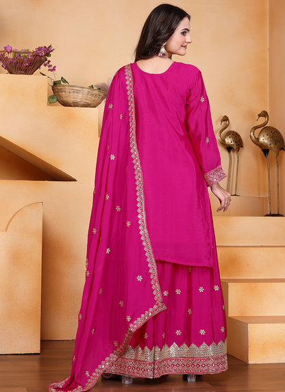Chinon Pink Party Wear Sequin Embroidery Work Readymade Plazzo Suit 388608
