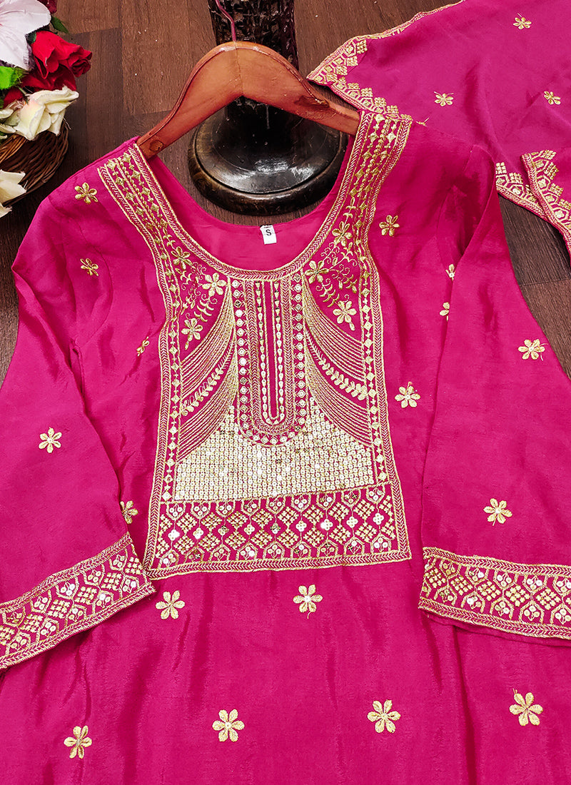 Chinon Pink Party Wear Sequin Embroidery Work Readymade Plazzo Suit 388608