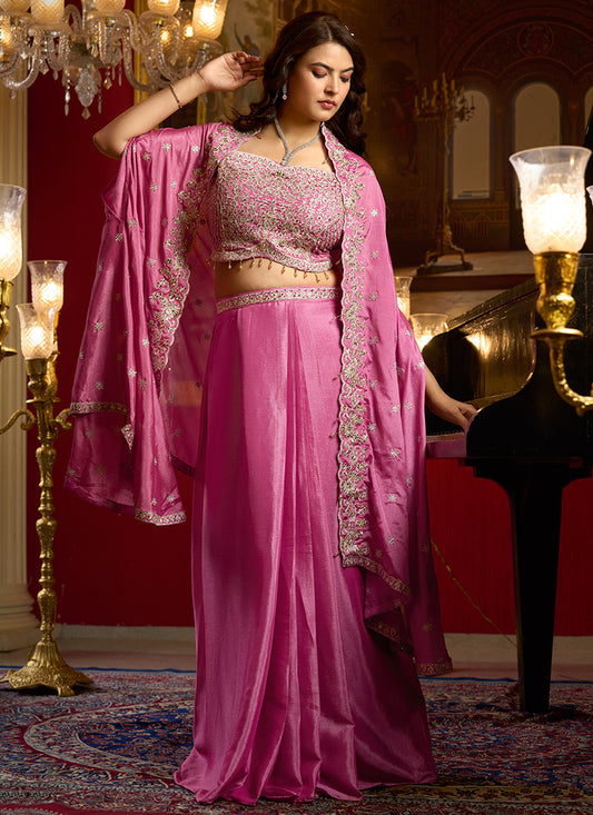 Pink Chinon Silk Zari Embroidery Work Party Wear Readymade Indowestern Suit SW828751