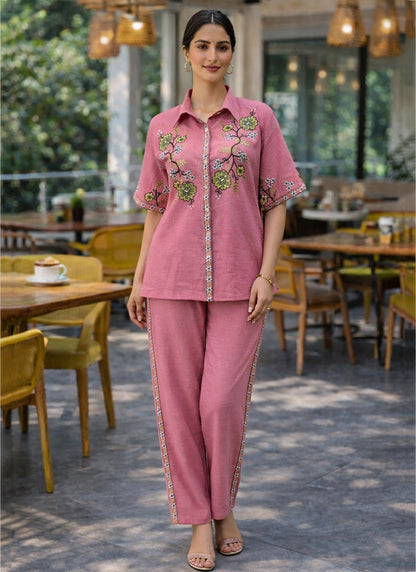 Pink Cotton Thread Work Casual Wear Readymade Cord Set SW683772