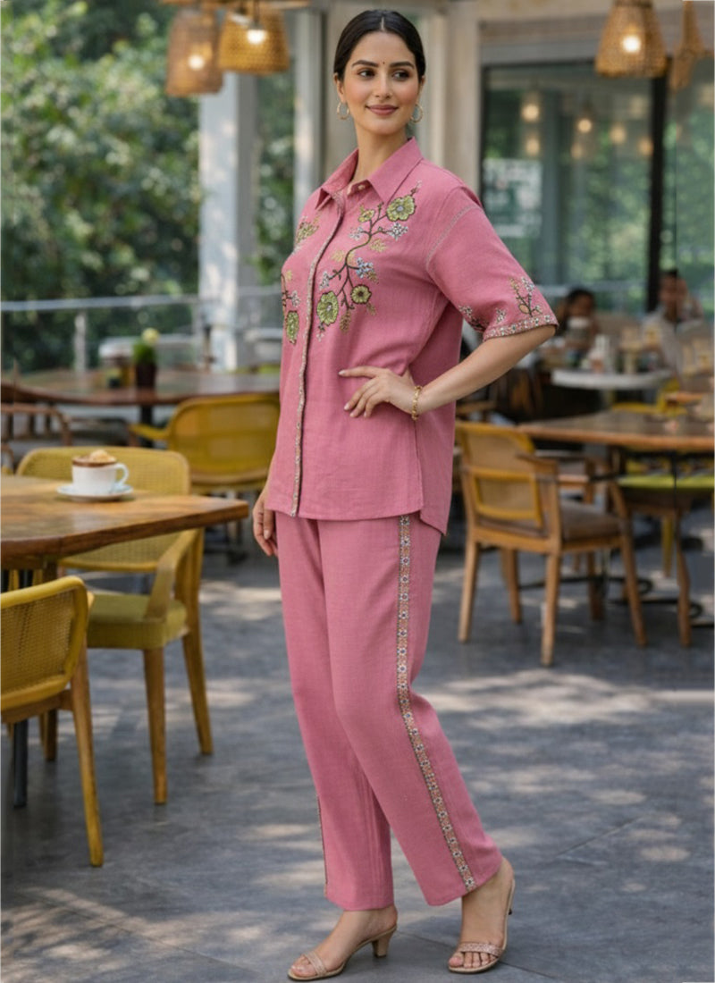 Pink Cotton Thread Work Casual Wear Readymade Cord Set SW683772