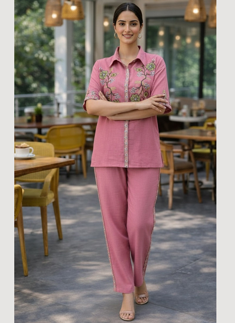 Pink Cotton Thread Work Casual Wear Readymade Cord Set SW683772