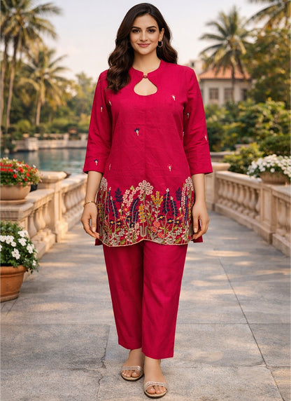 Hot Pink Cotton Stitch Work Daily Wear Readymade Cord Set  SW196522