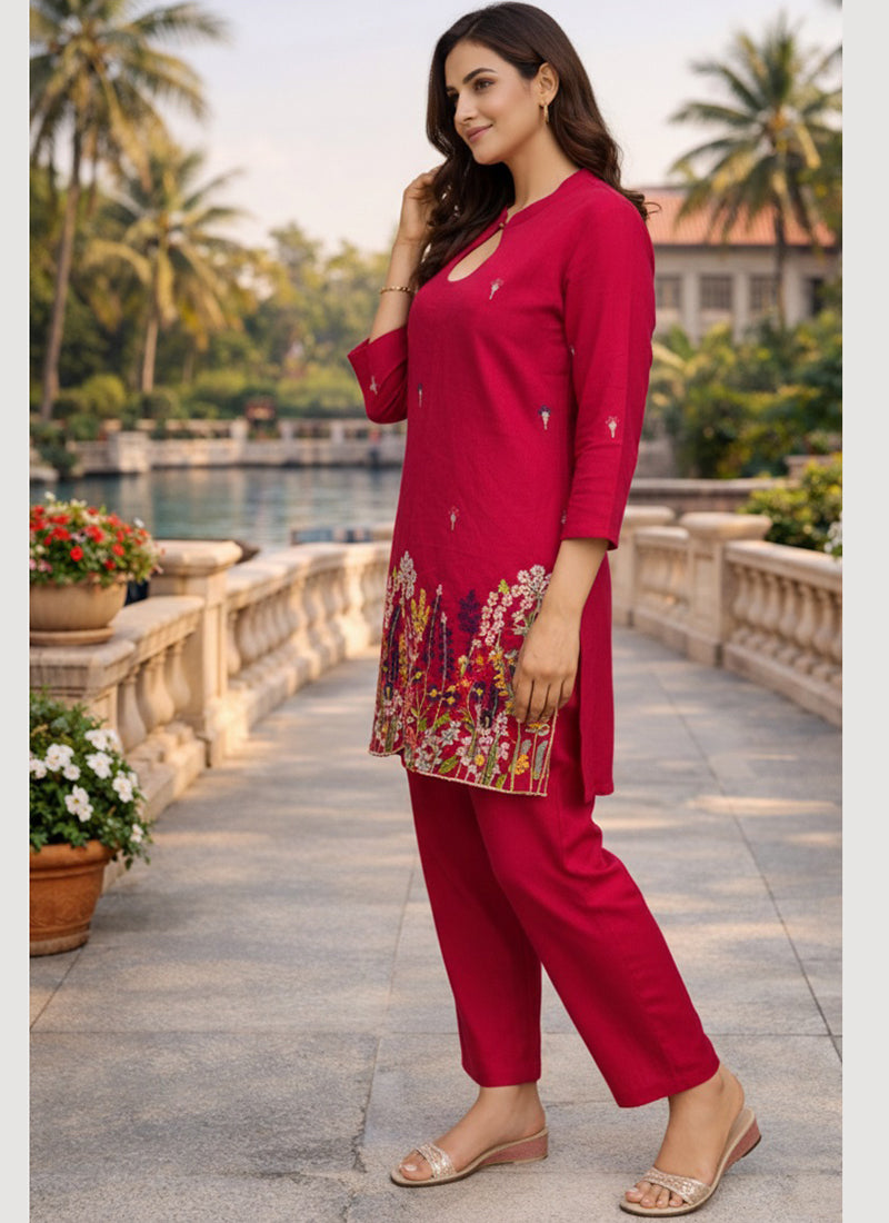 Hot Pink Cotton Stitch Work Daily Wear Readymade Cord Set  SW196522