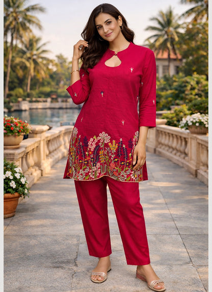 Hot Pink Cotton Stitch Work Daily Wear Readymade Cord Set  SW196522