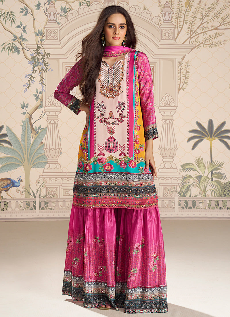 Crepe Silk Pink Party Wear Mirror Work Readymade Gharara Suit 386536