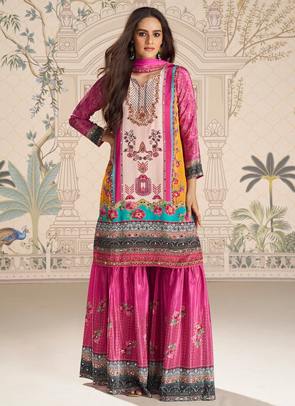 Crepe Silk Pink Party Wear Mirror Work Readymade Gharara Suit 386536