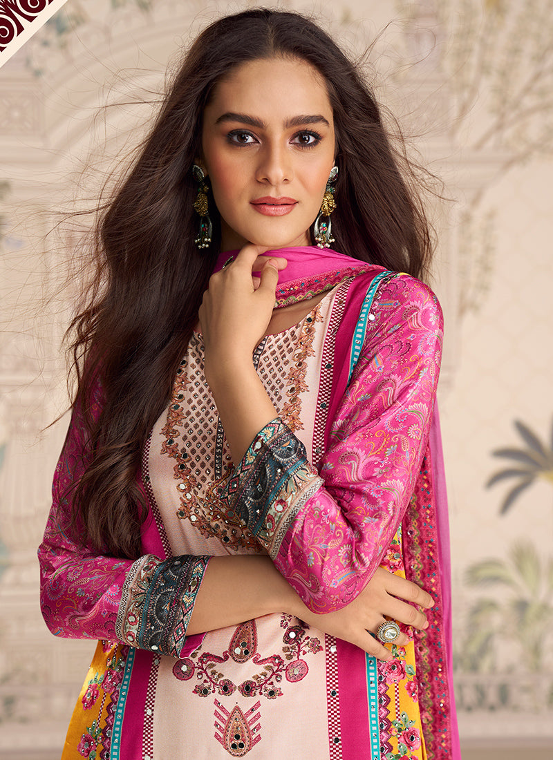 Crepe Silk Pink Party Wear Mirror Work Readymade Gharara Suit 386536