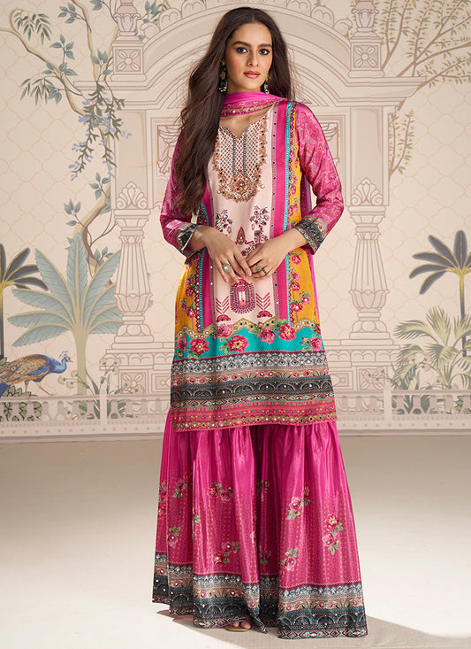 Crepe Silk Pink Party Wear Mirror Work Readymade Gharara Suit 386536