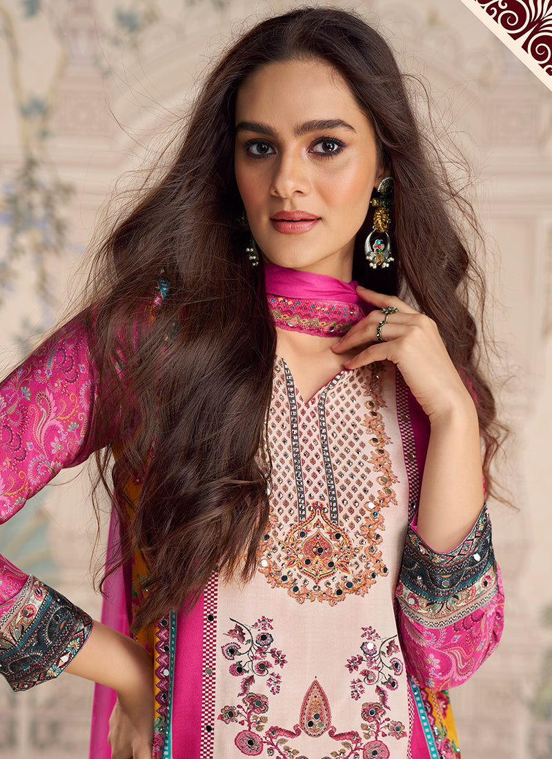 Crepe Silk Pink Party Wear Mirror Work Readymade Gharara Suit 386536