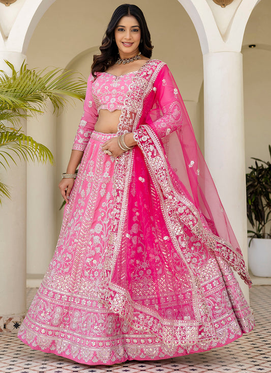 Crepe Silk Pink Wedding Wear Zari Embroidery Work Lehenga Choli 388753
