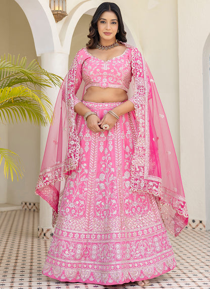 Crepe Silk Pink Wedding Wear Zari Embroidery Work Lehenga Choli 388753