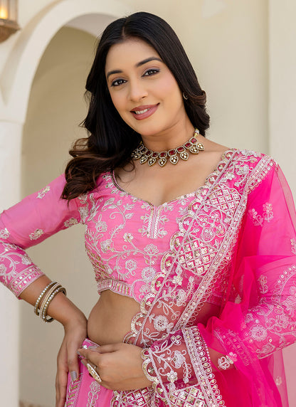Crepe Silk Pink Wedding Wear Zari Embroidery Work Lehenga Choli 388753