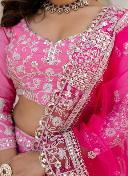 Crepe Silk Pink Wedding Wear Zari Embroidery Work Lehenga Choli 388753