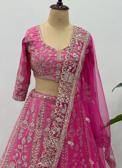 Crepe Silk Pink Wedding Wear Zari Embroidery Work Lehenga Choli 388753