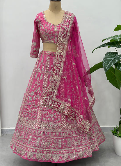 Crepe Silk Pink Wedding Wear Zari Embroidery Work Lehenga Choli 388753