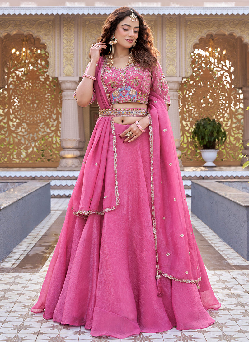 Pink Crunchy Silk Embroidery Work Occasional Wear Lehenga Choli SW500043