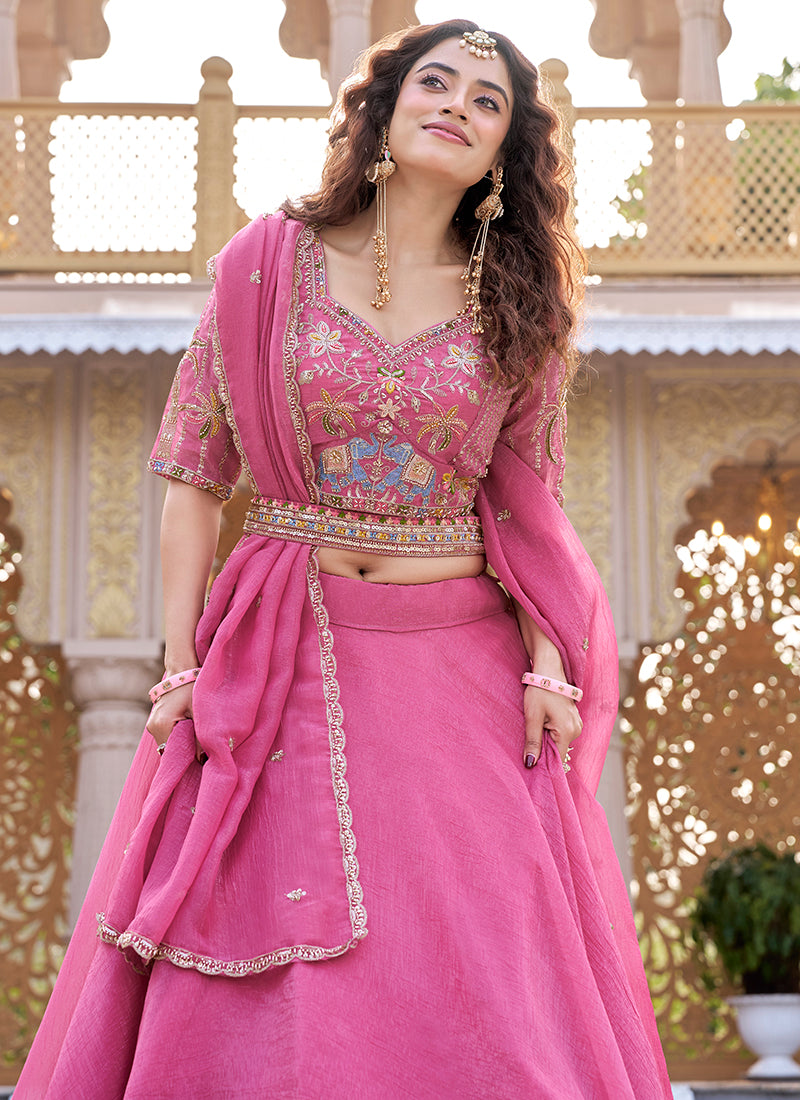 Pink Crunchy Silk Embroidery Work Occasional Wear Lehenga Choli SW500043