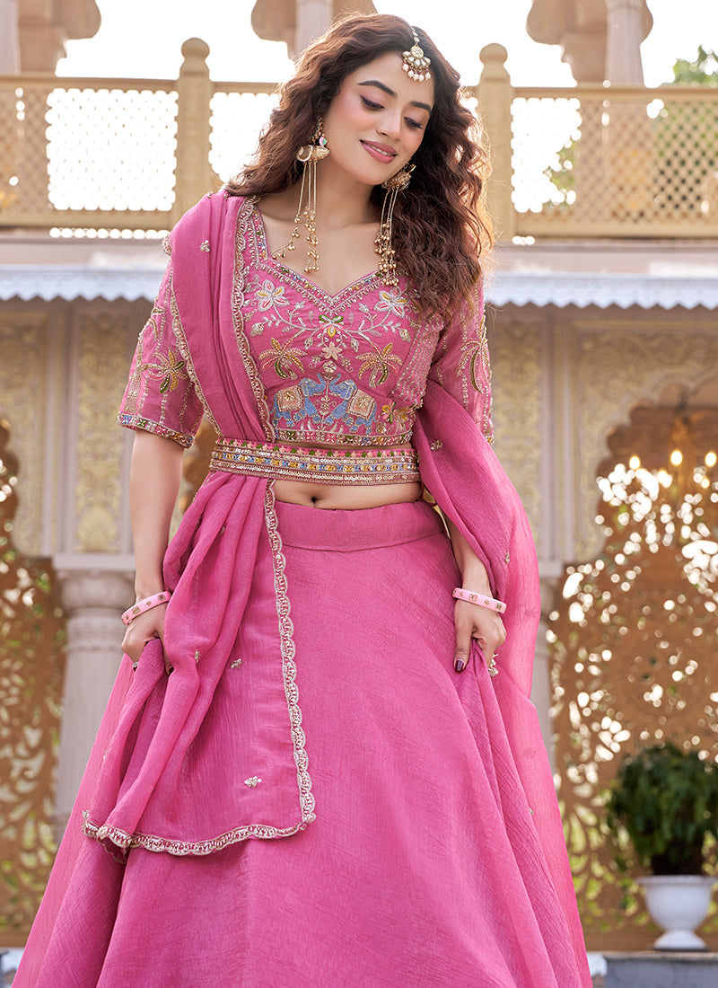 Pink Crunchy Silk Embroidery Work Occasional Wear Lehenga Choli SW500043