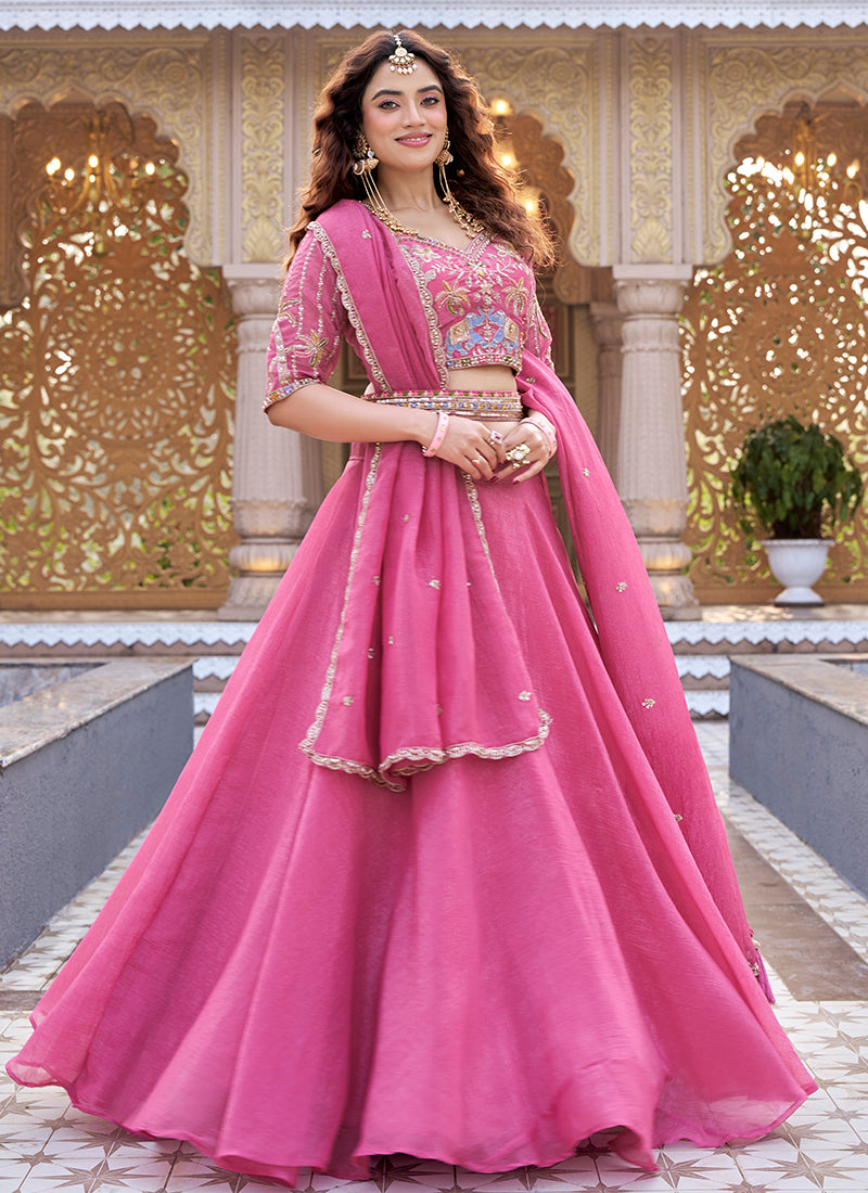 Pink Crunchy Silk Embroidery Work Occasional Wear Lehenga Choli SW500043