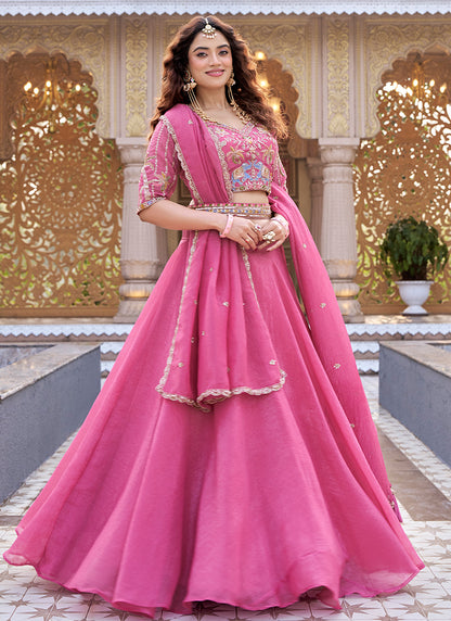 Pink Crunchy Silk Embroidery Work Occasional Wear Lehenga Choli SW500043