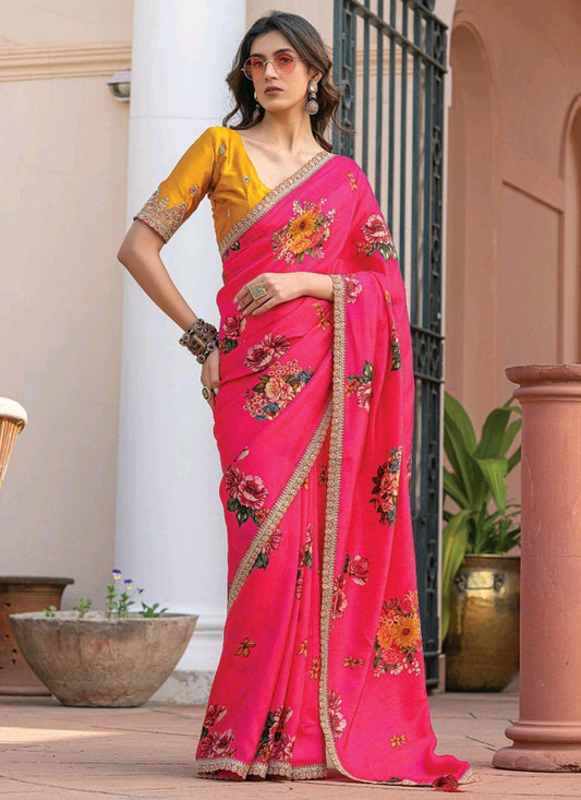 Dola Silk Pink Saree with Floral Print for Party Wear 381972