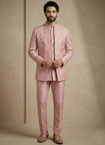 Pink Donier Satin Weaving Work Party Wear Readymade Indo Western Suit SW547048