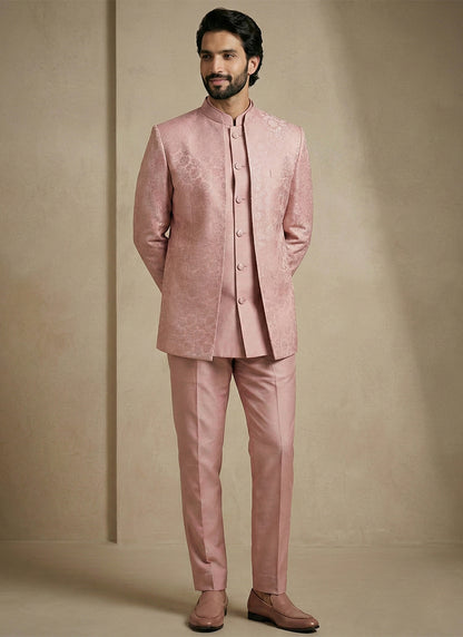Pink Donier Satin Weaving Work Party Wear Readymade Indo Western Suit SW547048