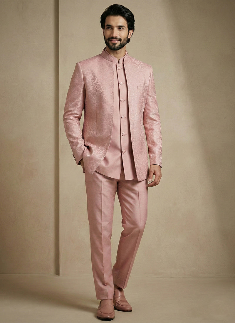 Pink Donier Satin Weaving Work Party Wear Readymade Indo Western Suit SW547048