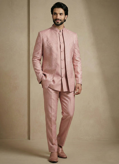 Pink Donier Satin Weaving Work Party Wear Readymade Indo Western Suit SW547048