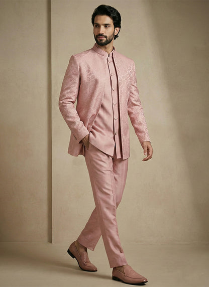 Pink Donier Satin Weaving Work Party Wear Readymade Indo Western Suit SW547048