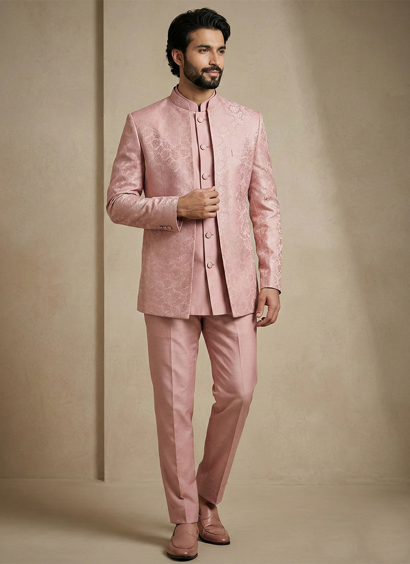 Pink Donier Satin Weaving Work Party Wear Readymade Indo Western Suit SW547048