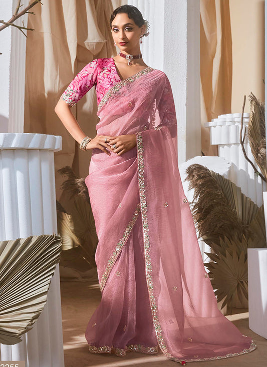 Fancy Pink Bridal Wear Saree with Lace Work 381688