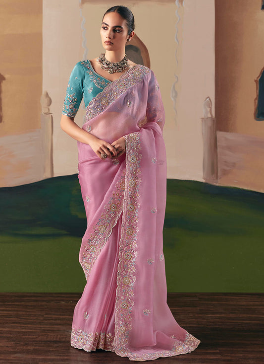 Fancy Fabric Pink Saree with Embroidery Work for Wedding Wear 384694