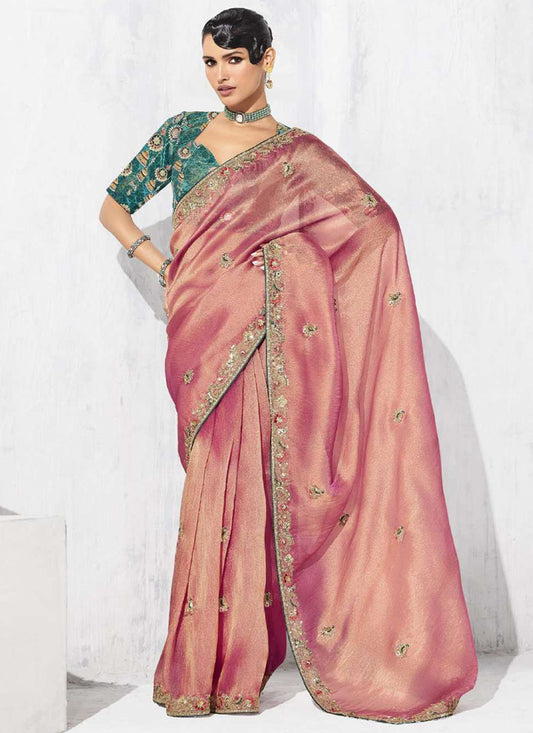 Fancy Fabric Pink Designer Saree with Thread Embroidery Work for Party Wear 384472